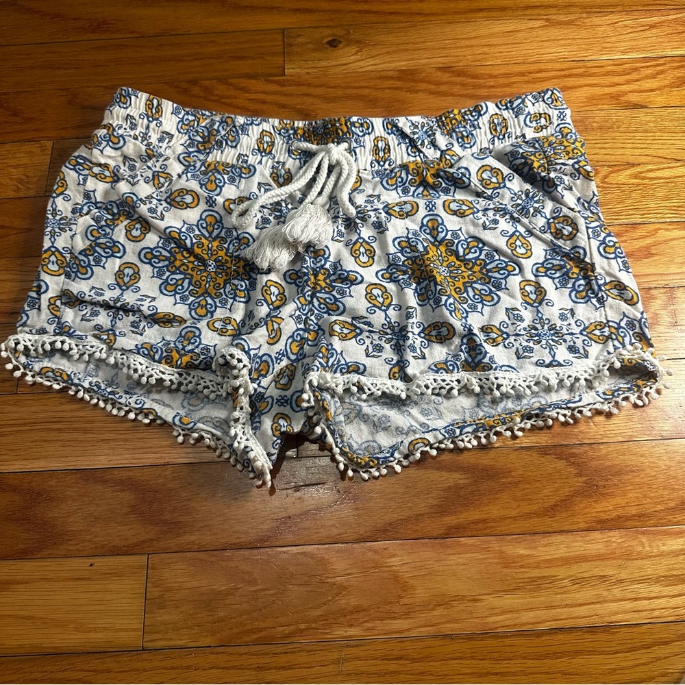 Jolt Damask Pattern Linen Blend Crochet Lace Trim Boho Shorts Drawstring‎ Small